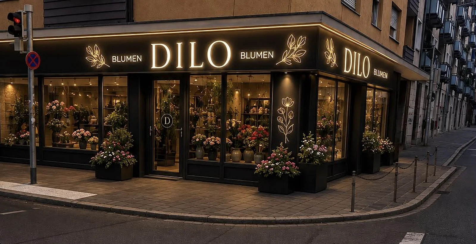 Die Ladenfront von DILO Blumen an der Ecke in der Wölckernstraße — schwarze Fassade, beleuchtetes Schild, Schaufenster voller Blumen