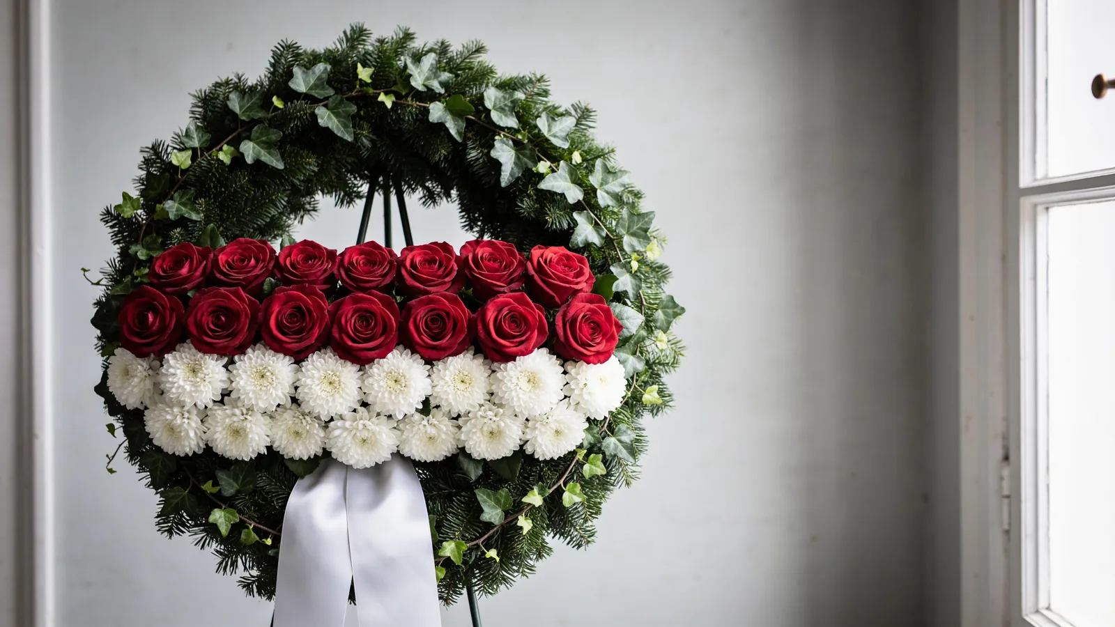Trauerkranz mit roten Rosen und Chrysanthemen